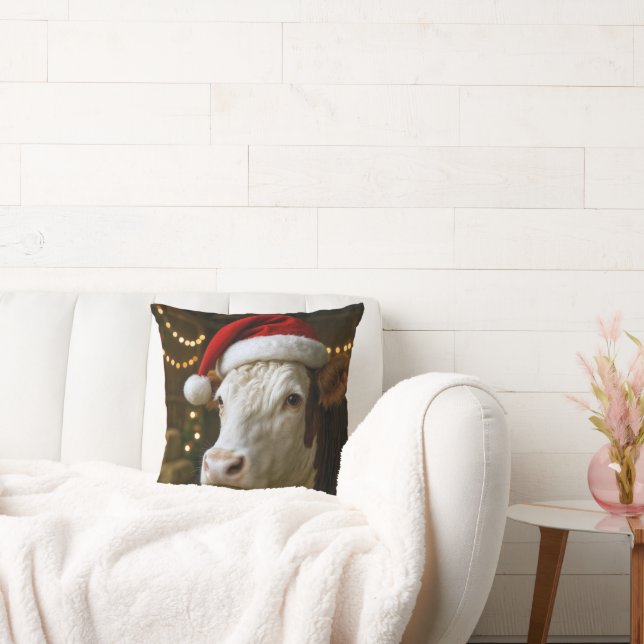 Almofada Vaca Hereford de Natal Vestindo um Chapéu de Papai (Sofá)