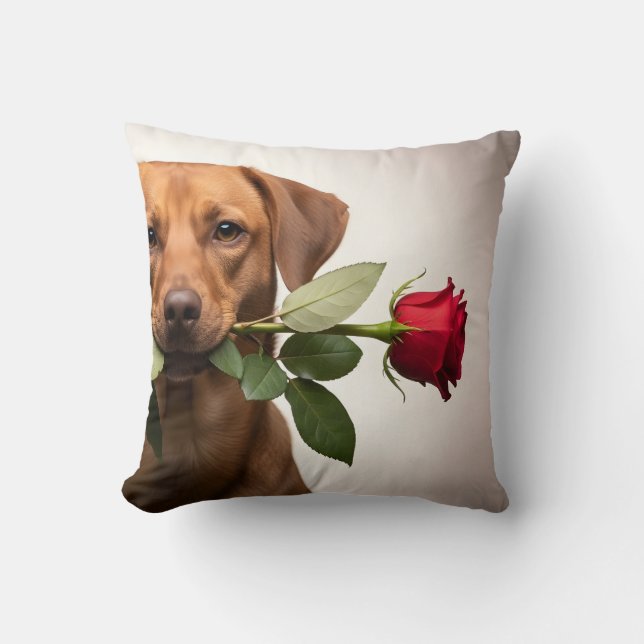Almofada valentine dog holding rose portrait, cute dog (Frente)