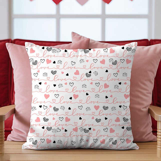 Almofada Valentine’s Day Pillow Pink Black Hearts Sketch  (Valentine’s Day Pillow Pink Black Hearts Sketch Art)