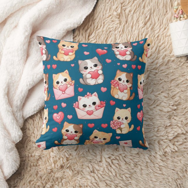 Almofada Valentine's Day Kawaii Cat Pattern Throw Pillow (Cobertor)