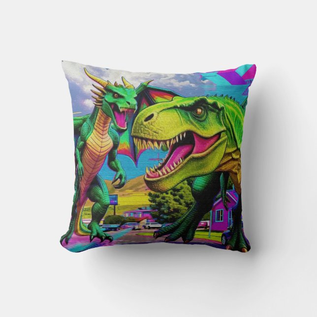 Almofada Vamos Jogar - Dragão Verde e Dinossauro (Frente)
