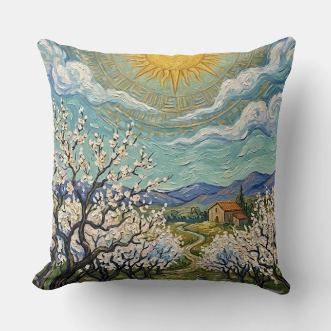 Almofada Van Gogh Style Almond Orchard Spring Blossom Throw (Frente)