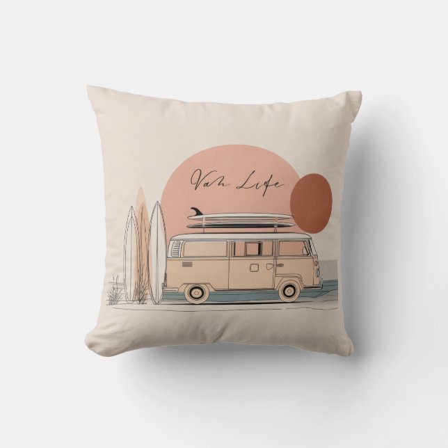 Almofada Van Life Surf Van – Retro Beach Camper Aesthetic  (Frente)