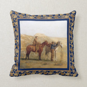 Almofada Vaqueiros ocidentais e cavalos do vintage azuis