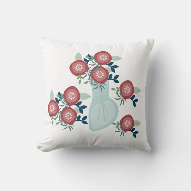 Almofada Vaso com Flores Frescas Folhagens Rosas Country (Frente)