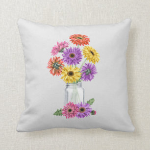 Almofada Vaso de Mason com Aquarela de Gerbera Margarida