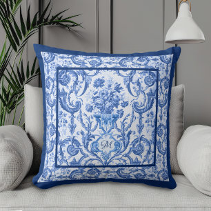 Almofada Vaso floral Elegante Monograma azul toile de jouy