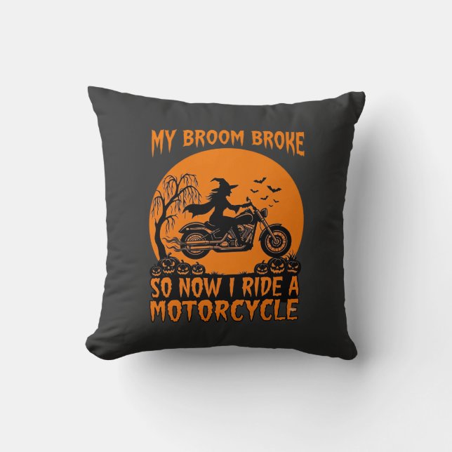 Almofada Vassoura Quebrou Halloween Bruxa Motocicleta Morce (Frente)