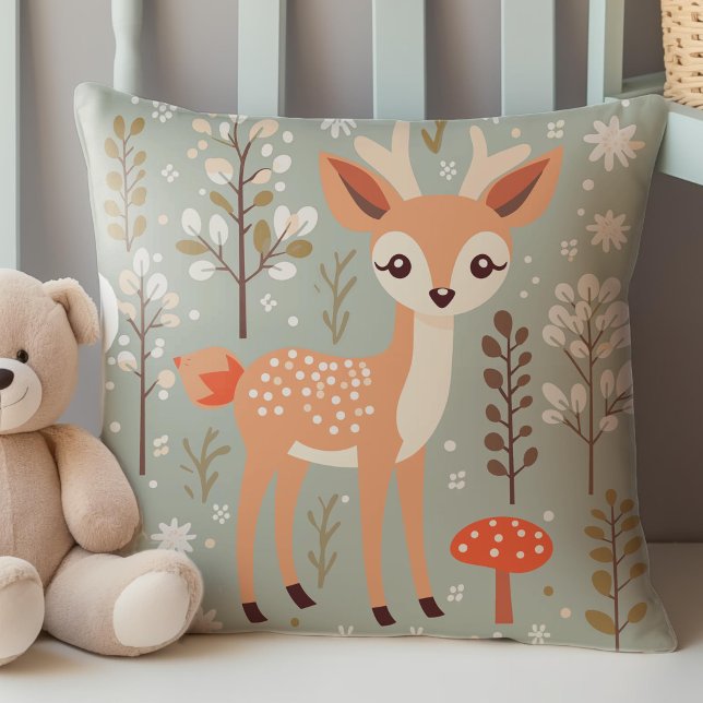Almofada Veado-Da-Mata, Amigos Florestais, Neutro Em Gênero (Cute Deer, Woodland Animals Themed Nursery Decor, Throw Pillow.)