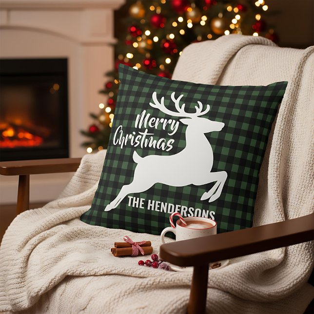 Almofada Veado de Natal Alegre Plaid Verde e Preto Nome (Criador carregado)