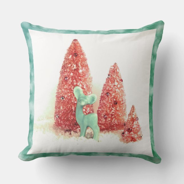 Almofada Veado de Natal Retro com Moldura Aqua (Frente)