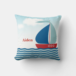 Almofada Veleiro vermelho & azul nas ondas de água,