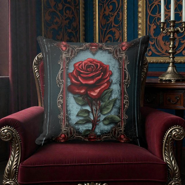 Almofada Velho Preto Vitoriano com Rosa Vermelha (Criador carregado)