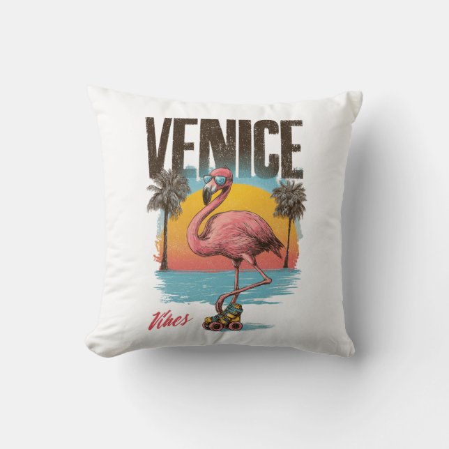 Almofada Venice Vibes Flamingo Retro Beach California Tropi (Frente)