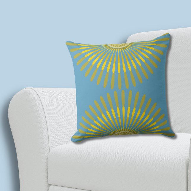 Almofada Ventilador de penas azul e amarelo de verão ecétic (Eclectic Summer Yellow and Blue Feathery Fan Throw Pillow)