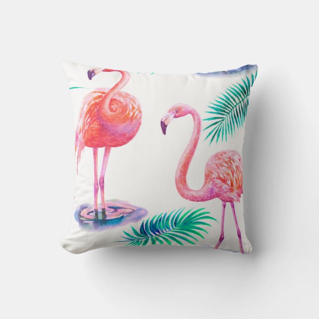 Almofada Verão tropical com folhas de palma de flamingos e  (Frente)
