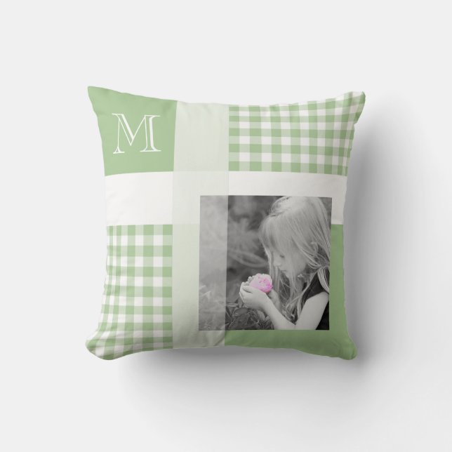 Almofada Verde Adicione Sua Foto Gingham Moderno Monograma (Frente)