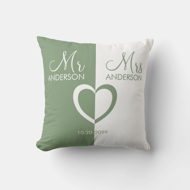 Almofada Verde branco Sr. Sra. Nome Travesseiro decorativo  (Frente)