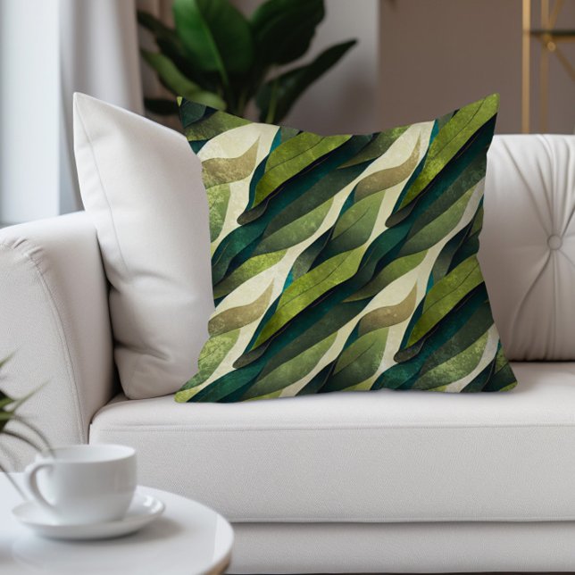 Almofada Verde Castanho Deixa Pedras Abstrato (Abstract green leaves decorator pillow)