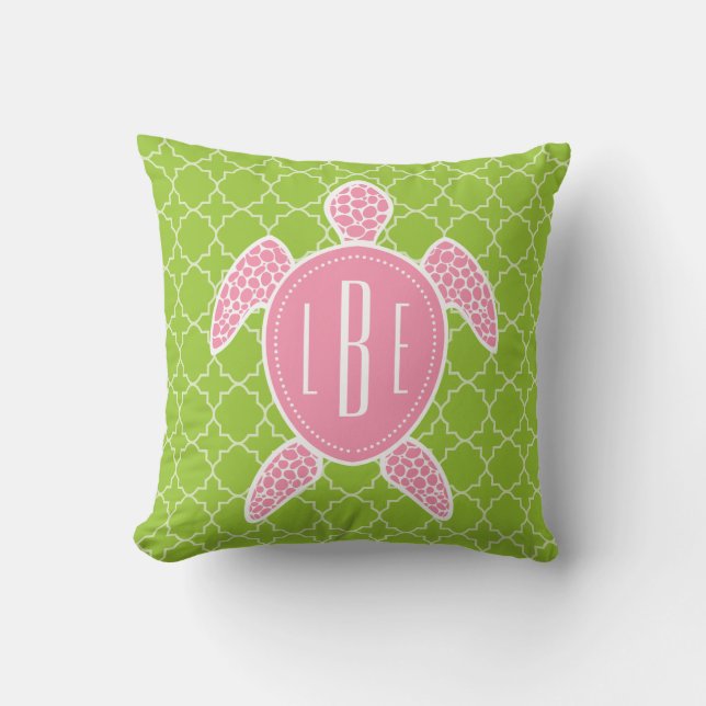 Almofada Verde cor-de-rosa Monogrammed Quatrefoil da (Frente)