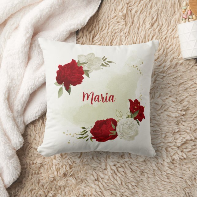 Almofada Verde floral branco vermelho (Cobertor)