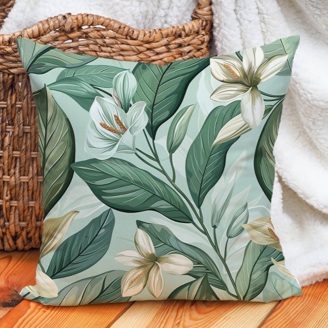 Almofada Verde Folha Branca Lilys Floral Botânica (Green Leaves White Lilys Botanical Floral Greenery Throw Pillow)