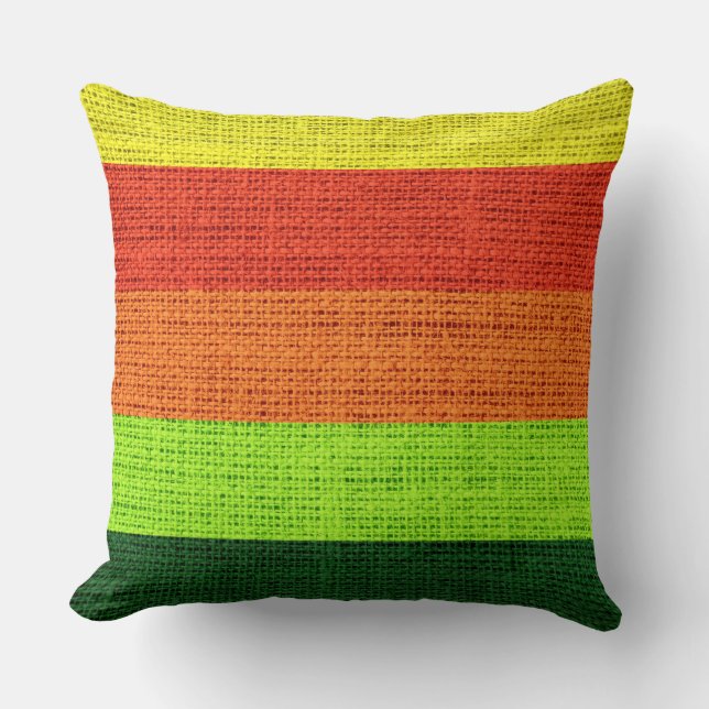 Almofada Verde Laranja Amarelo Strips Burlap Rustic Jute (Frente)