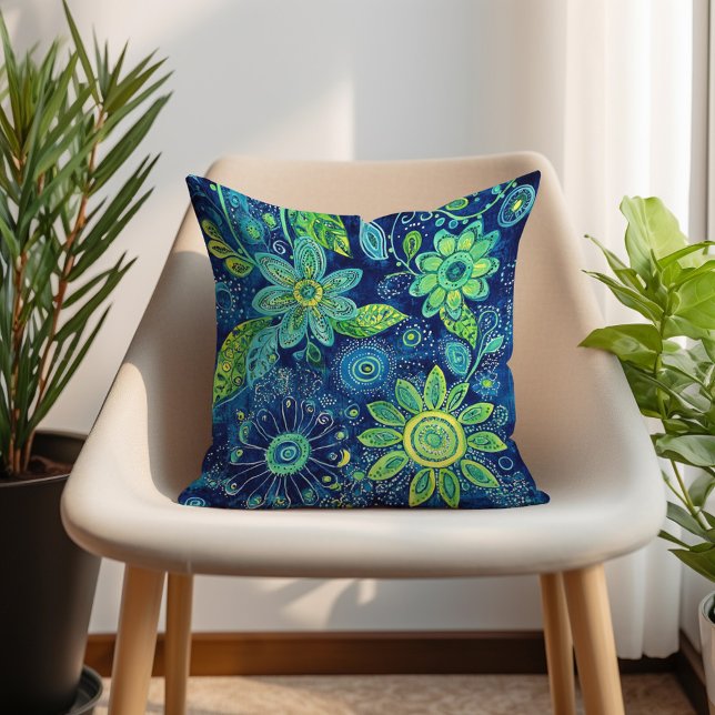 Almofada Verde limão Teal Azul Bohemian Floral (Blue Teal Lime Green Bohemian Floral Throw Pillow)