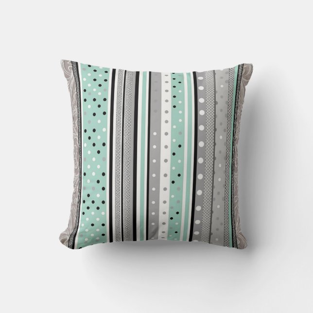 Almofada Verde menta cinza e branco listrado com bolinhas  (Frente)