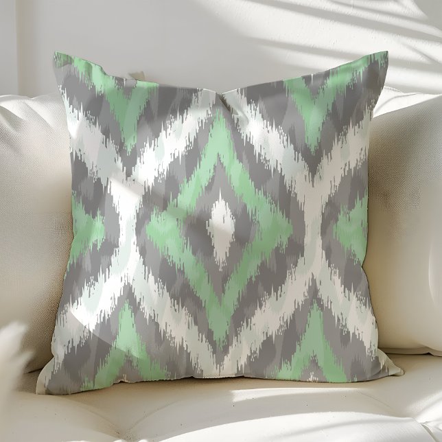 Almofada Verde Menta e Cinza Padrão Ogee Ikat (Criador carregado)