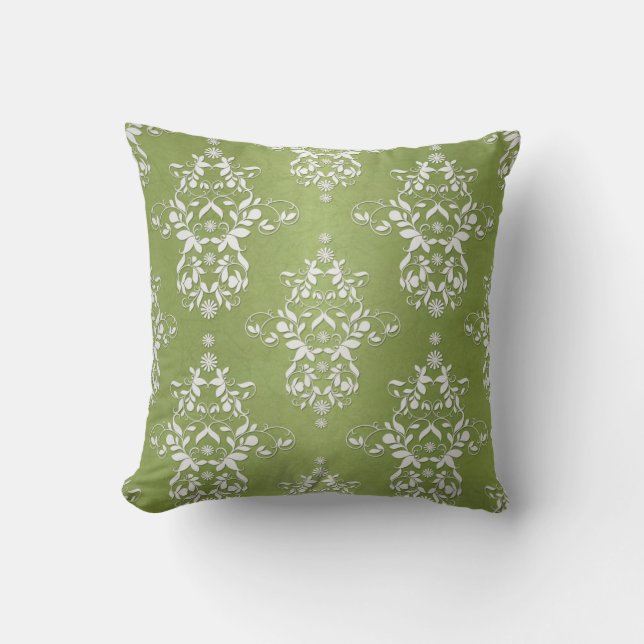 Almofada Verde Musgo e Damasco Floral Branco (Frente)