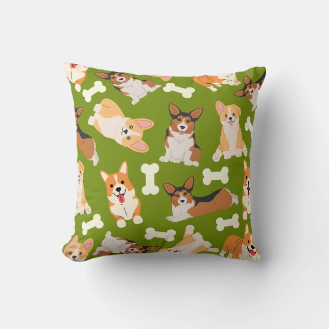 Almofada Verde-Padrão de Corgi Cute (Frente)