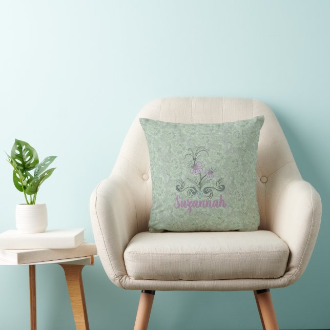 Almofada Verde Pálido Personalizado e Floral Lilac (Cadeira)