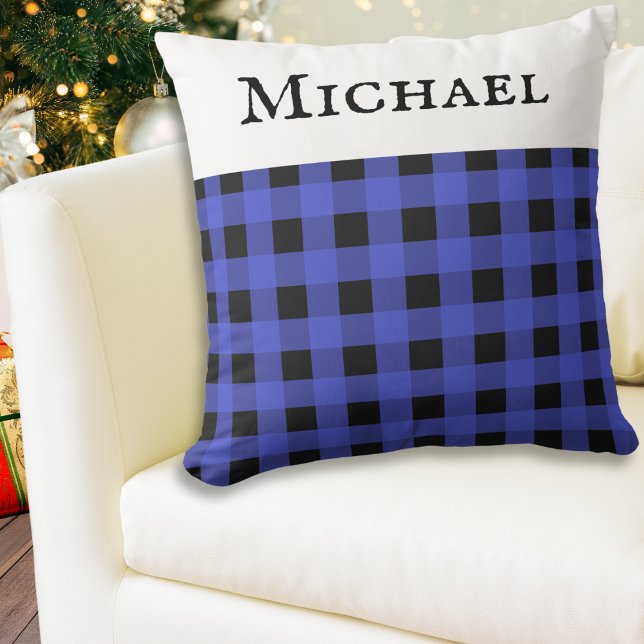 Almofada Verificação Rústica da Xadrez de Buffalo Azul Padr (A stylish personalized throw pillow cushion, with blue buffalo plaid check pattern)