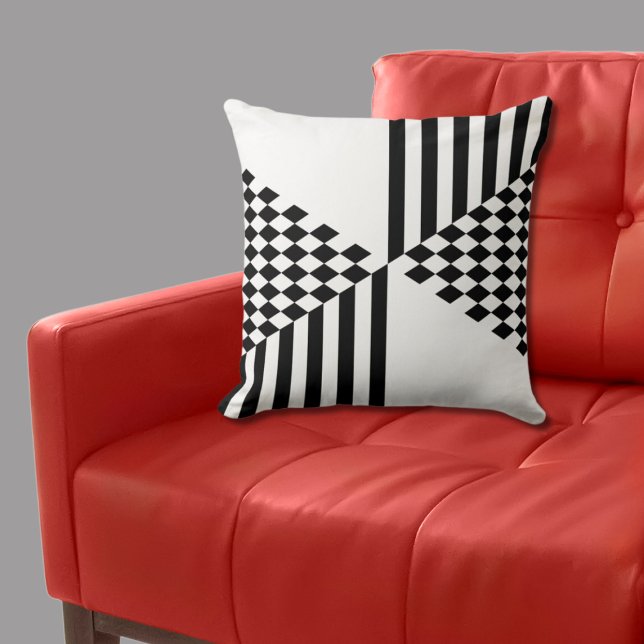 Almofada Verificadores Geométricos de Listras Brancas e Pre (Geometric White & Black Stripes Diamond Checkers Throw Pillow)