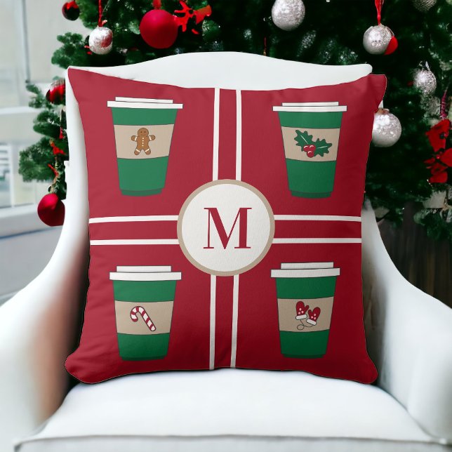 Almofada Vermelha de Natal com Monograma de Café (Criador carregado)