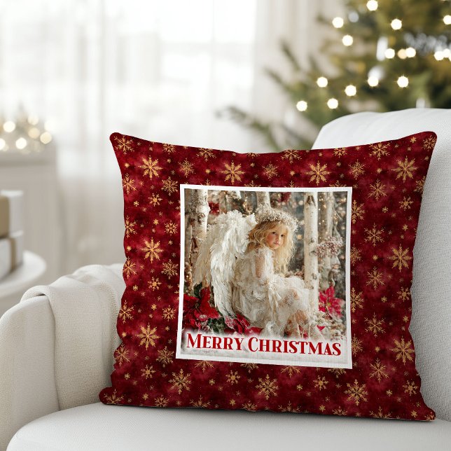 Almofada Vermelha e Dourada de Presente de Anjo Vi (Hushed Vintage Angel Art Red and Gold Gift Pillow)