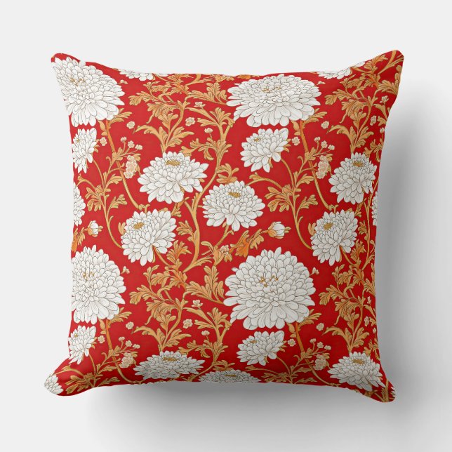 Almofada Vermelho Branco e Dourado Floral Crisântemo Japonê (Frente)