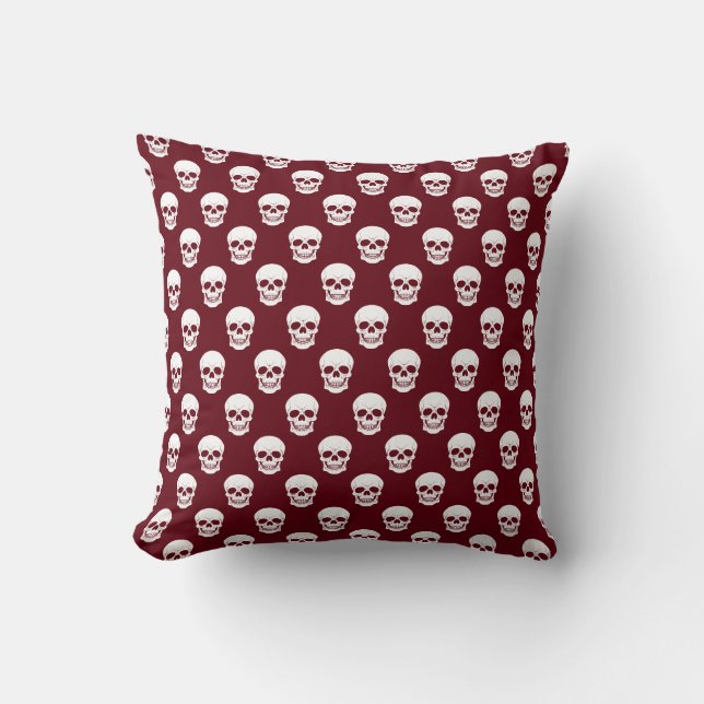 Almofada Vermelho Brilhante Com Padrão Branco Do Crânio Hal (Frente)