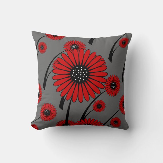 Almofada Vermelho Cinza Preto Floral Flores (Frente)