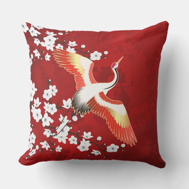 Almofada Vermelho de Flor Branca de Crane Japonesa (Frente)