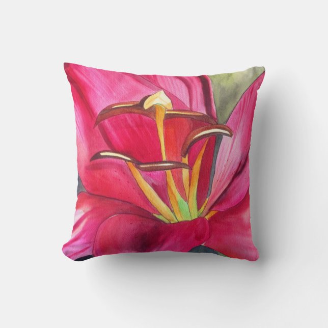 Almofada Vermelho dia lírio original de flor de aquarela (Frente)