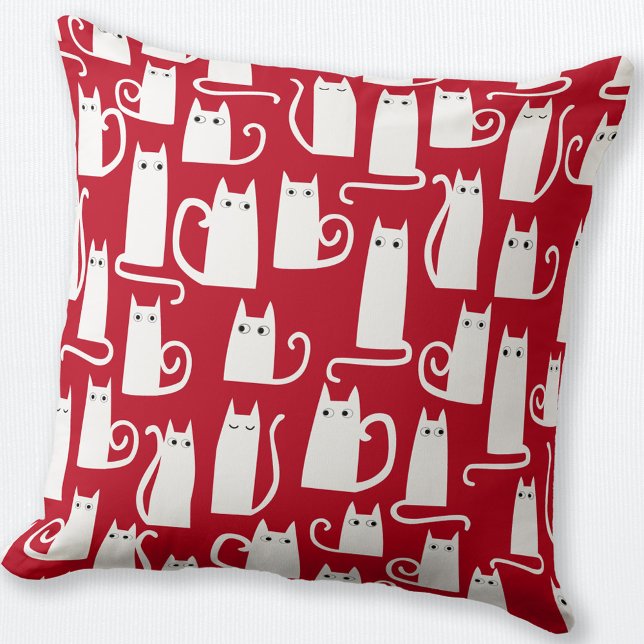 Almofada Vermelho e Branco de Gato Cinto (Fun festive red and white cat throw pillow)