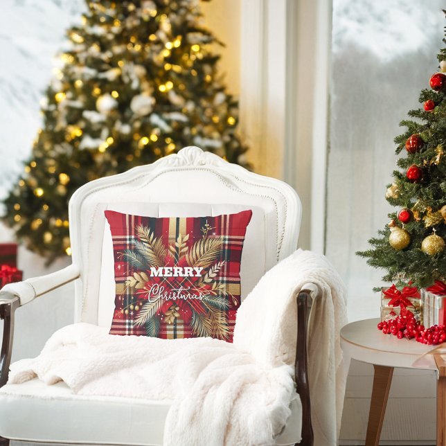 Almofada Vermelho Elegante e Xadrez festiva Dourada (Criador carregado)