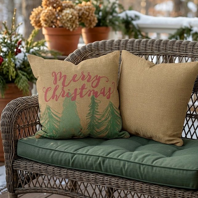 Almofada Vermelho Feliz Natal Árvores Verdes Falso Juta Bur (Criador carregado)