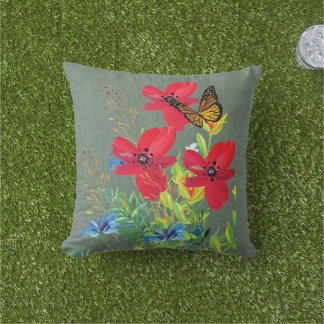 Almofada Vermelho Floral Cinza Burlap