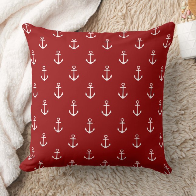 Almofada Vermelho Náutico Com Âncoras Brancas (Cobertor)