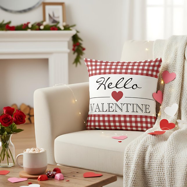 Almofada Vermelho Olá São Valentim Xadrez Gingham (Criador carregado)