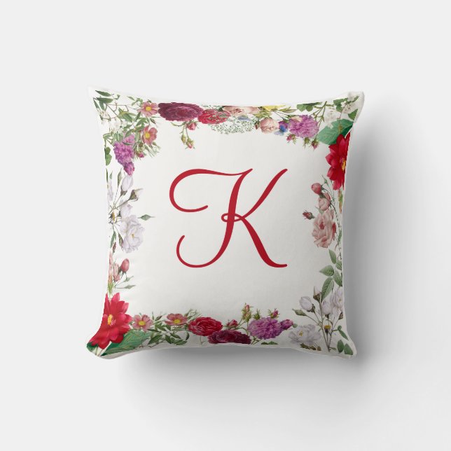Almofada Vermelho Rosa Roxo Flores Verdes Floral Monogramad (Frente)