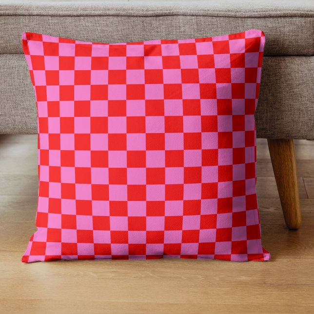 Almofada Vermelhos e Rosa Neon Checkerboard Vintage (Criador carregado)